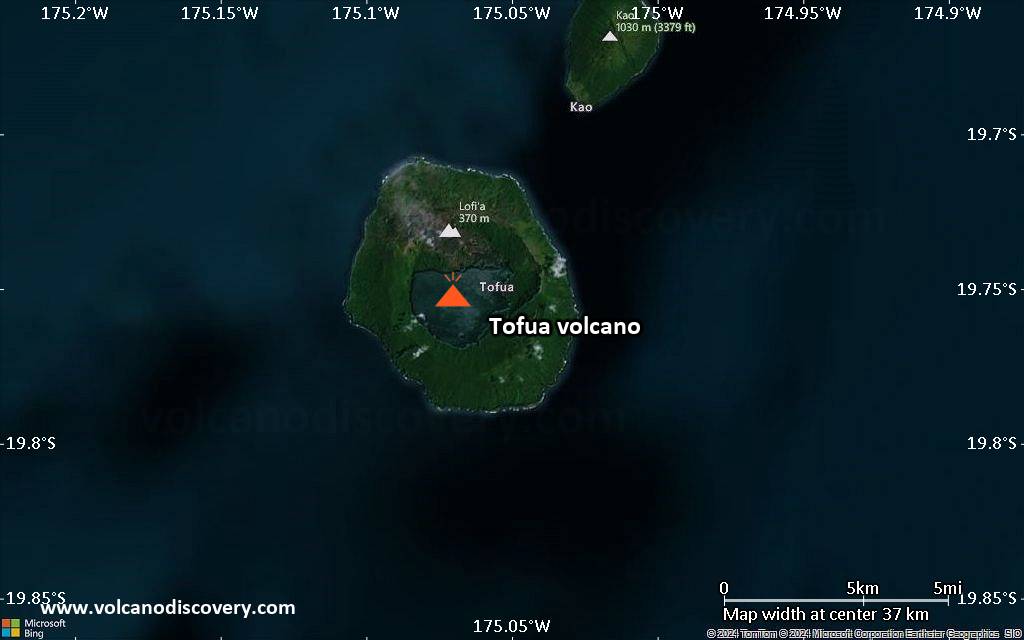 Satellite/aerial-type map of Tofua volcano (scale of 20-40 km)