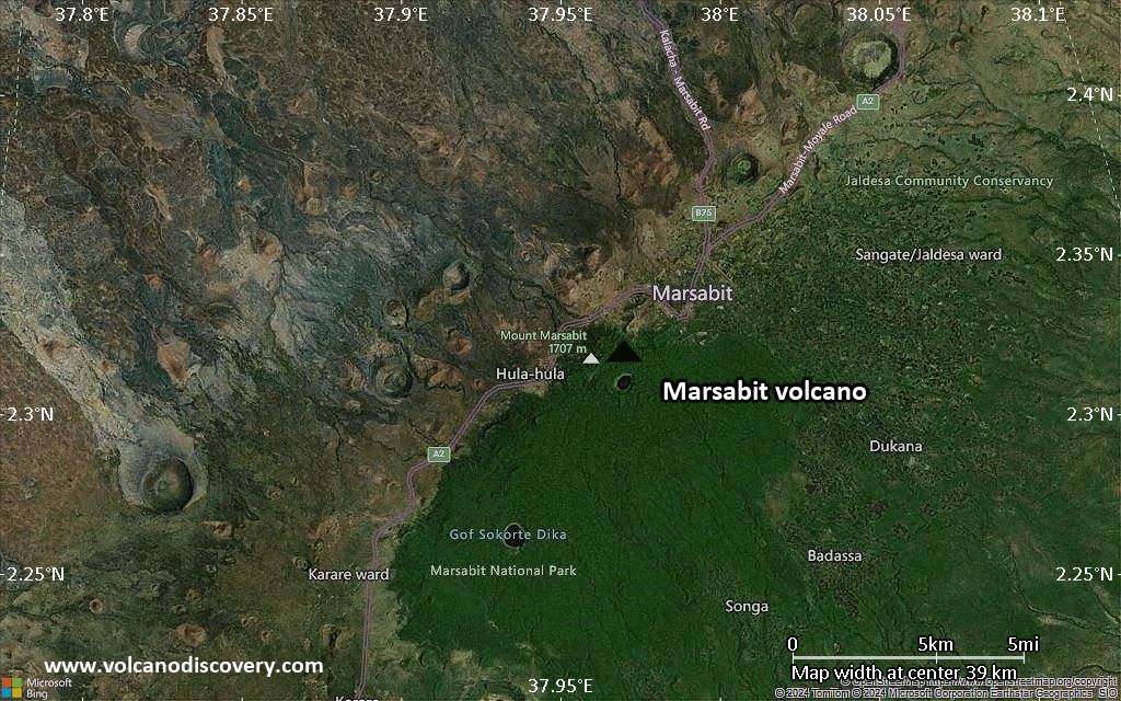 Satellite/aerial-type map of Marsabit volcano (scale of 20-40 km)