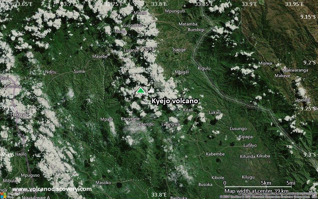 Satellite/aerial-type map of Kyejo volcano (scale of 20-40 km)