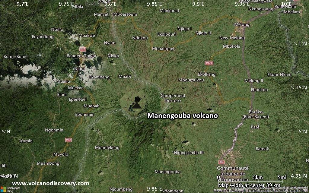 Satellite/aerial-type map of Manengouba volcano (scale of 20-40 km)