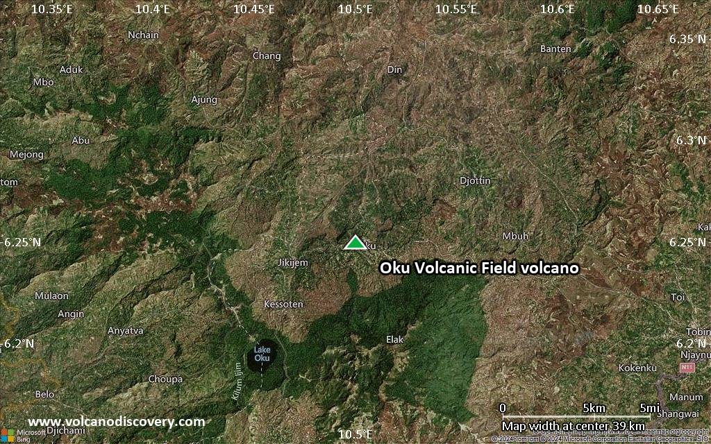 Satellite/aerial-type map of Oku Volcanic Field volcano (scale of 20-40 km)
