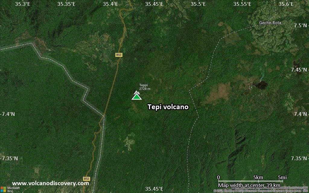 Satellite/aerial-type map of Tepi volcano (scale of 20-40 km)