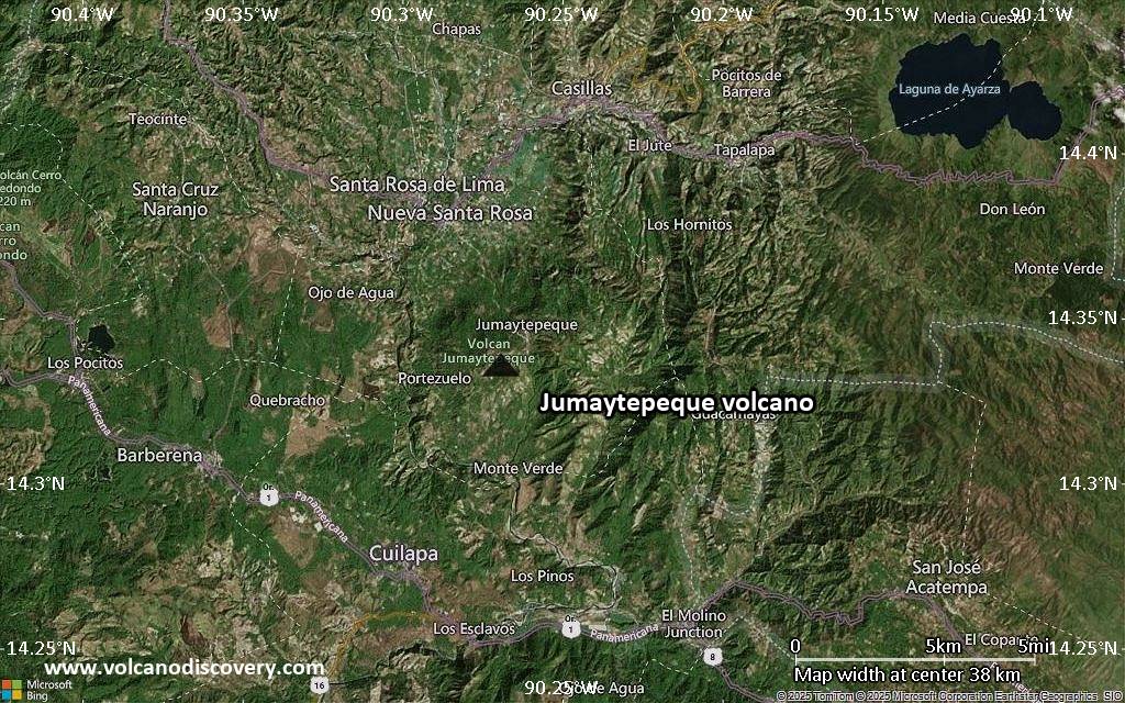 Satellite/aerial-type map of Jumaytepeque volcano (scale of 20-40 km)