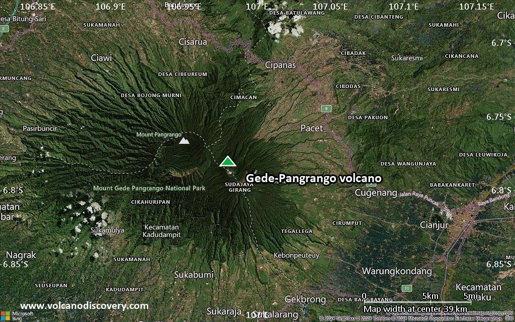 Satellite/aerial-type map of Gede-Pangrango volcano (scale of 20-40 km)