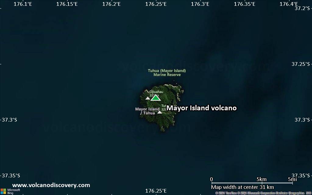 Satellite/aerial-type map of Mayor Island volcano (scale of 20-40 km)