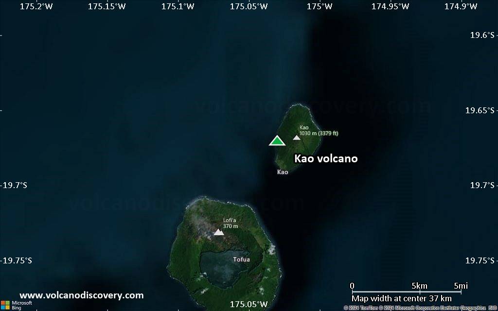 Satellite/aerial-type map of Kao volcano (scale of 20-40 km)