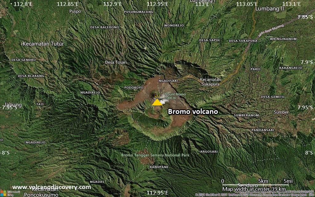 Satellite/aerial-type map of Bromo volcano (scale of 20-40 km)