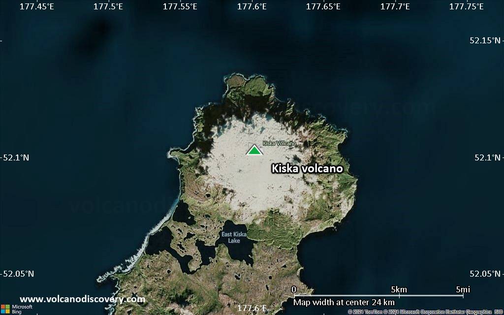 Satellite/aerial-type map of Kiska volcano (scale of 20-40 km)