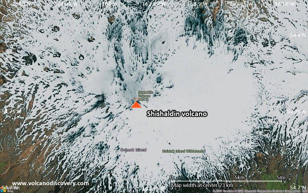 Satellite/aerial-type map of Shishaldin volcano (scale of 20-40 km)