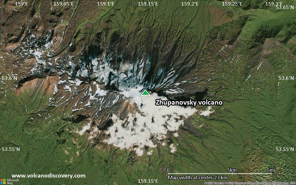 Satellite/aerial-type map of Zhupanovsky volcano (scale of 20-40 km)