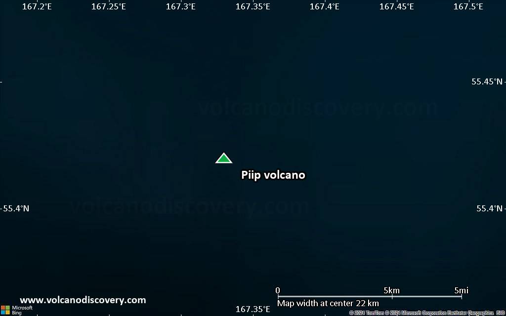Satellite/aerial-type map of Piip volcano (scale of 20-40 km)