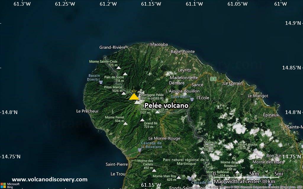 Satellite/aerial-type map of Pelée volcano (scale of 20-40 km)