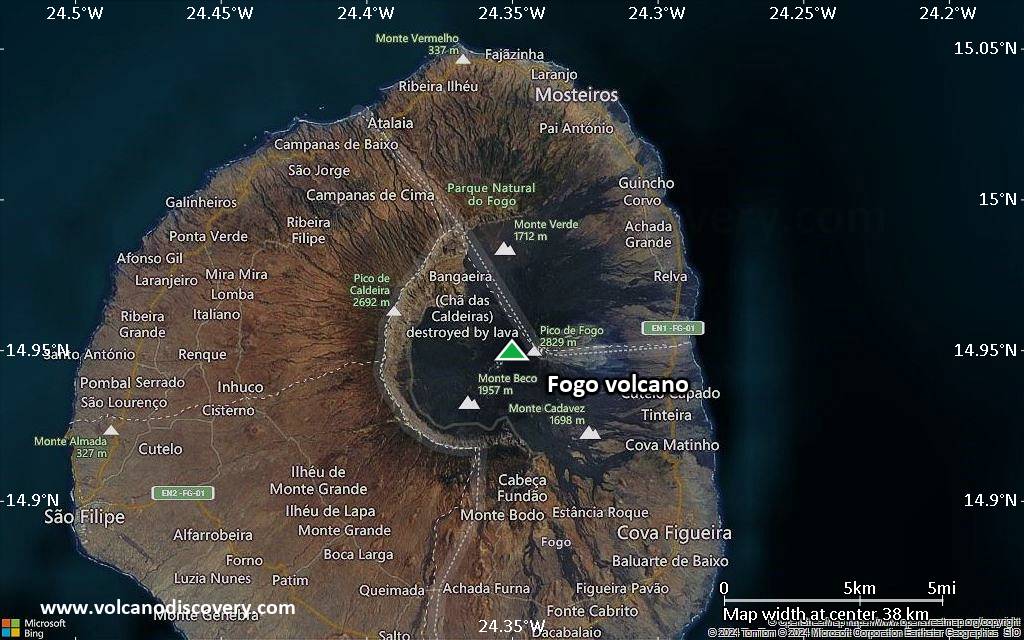 Satellite/aerial-type map of Fogo volcano (scale of 20-40 km)