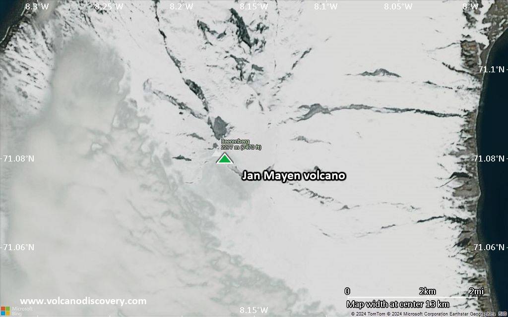 Satellite/aerial-type map of Jan Mayen volcano (scale of 20-40 km)