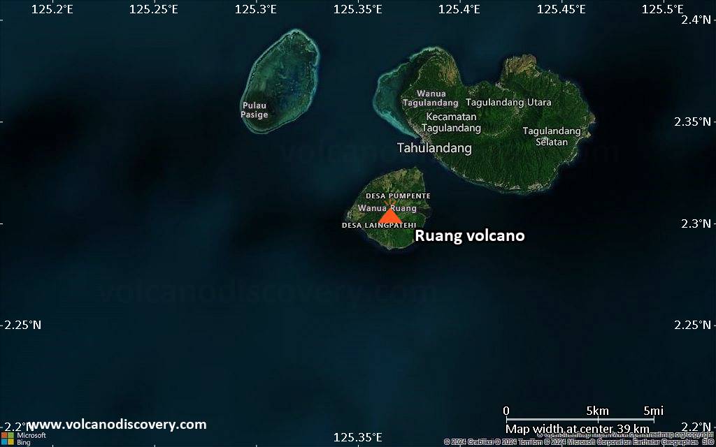 Satellite/aerial-type map of Ruang volcano (scale of 20-40 km)