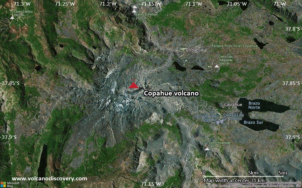 Satellite/aerial-type map of Copahue volcano (scale of 20-40 km)