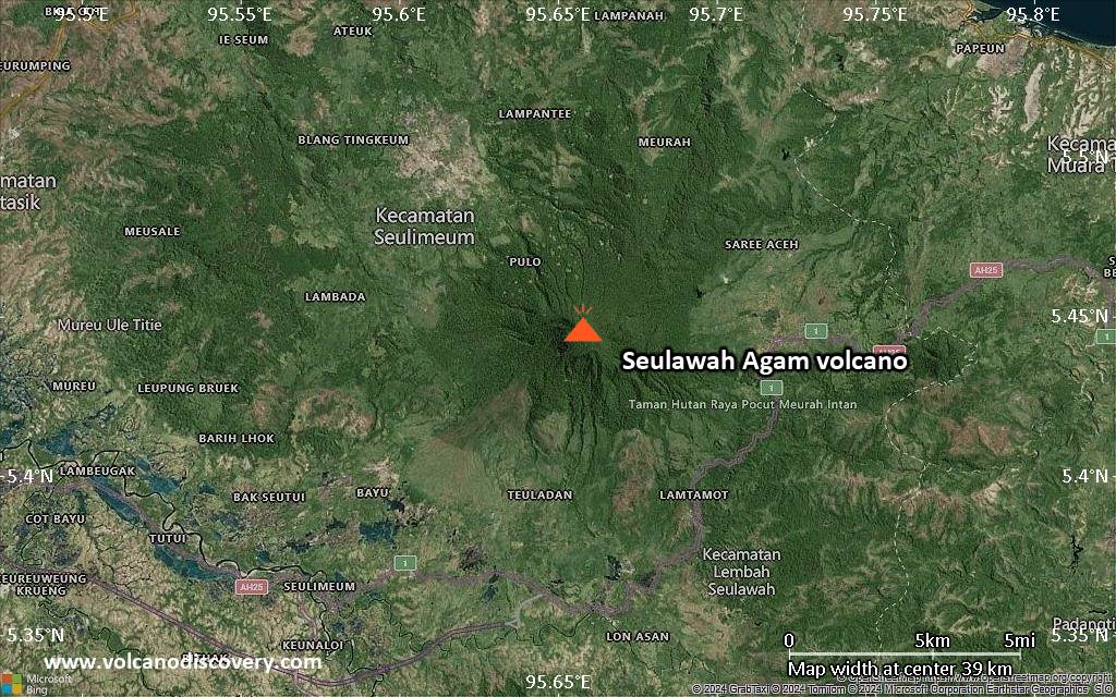 Satellite/aerial-type map of Seulawah Agam volcano (scale of 20-40 km)