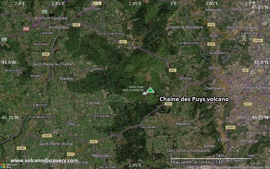 Satellite/aerial-type map of Chaîne des Puys volcano (scale of 20-40 km)