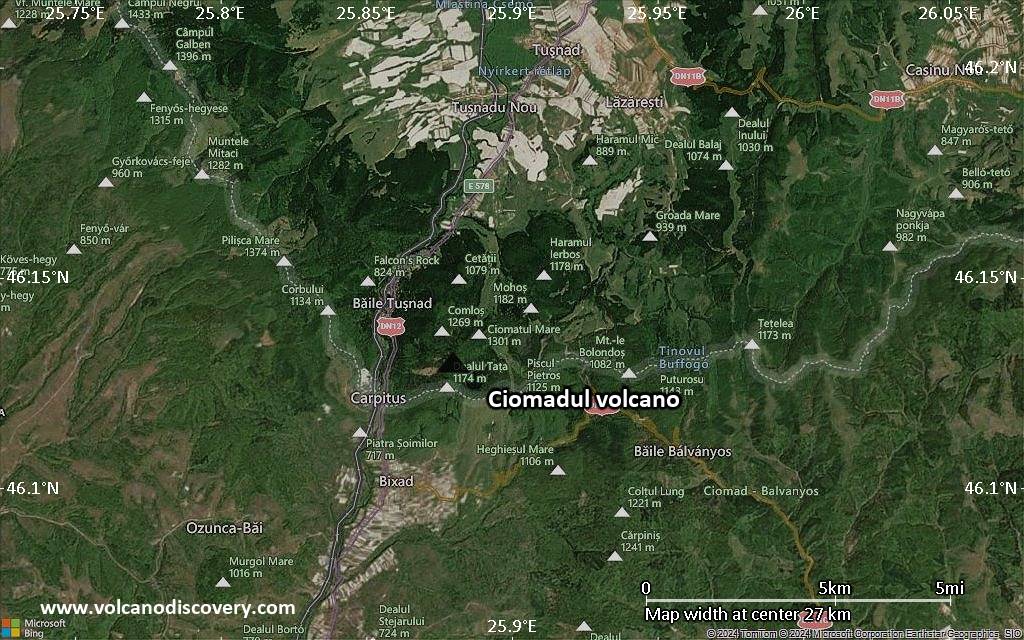 Satellite/aerial-type map of Ciomadul volcano (scale of 20-40 km)