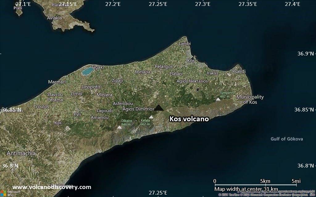 Satellite/aerial-type map of Kos volcano (scale of 20-40 km)
