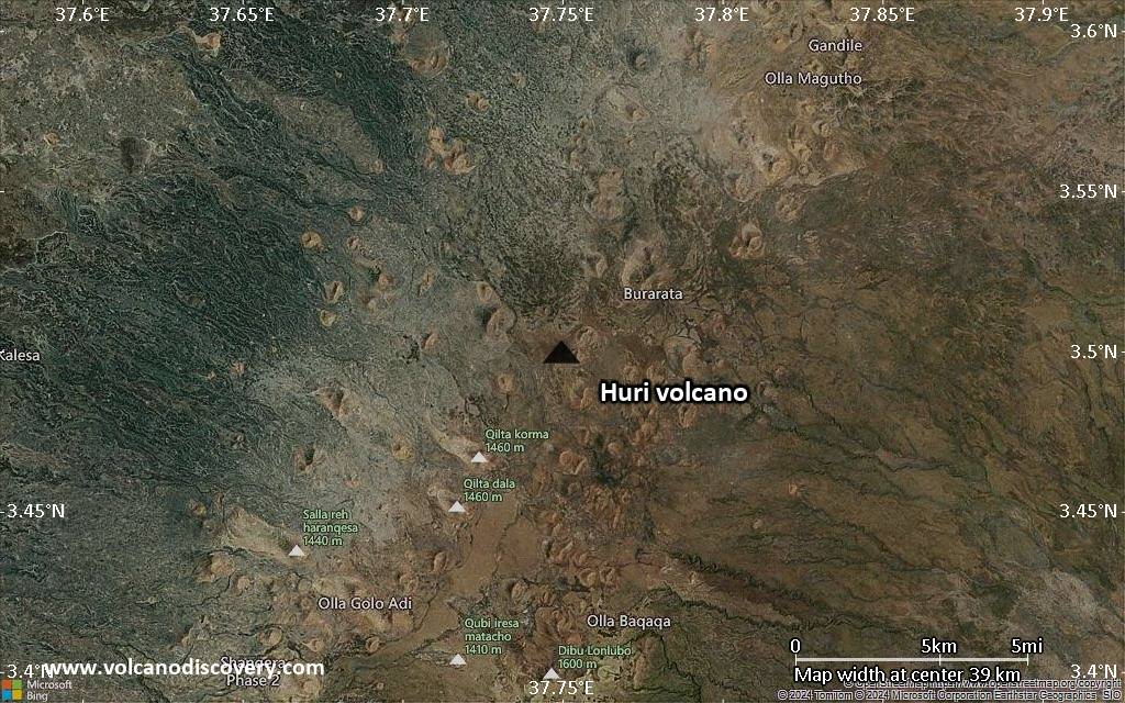 Satellite/aerial-type map of Huri volcano (scale of 20-40 km)