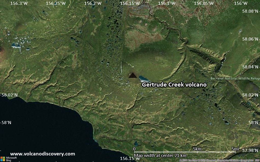 Satellite/aerial-type map of Gertrude Creek volcano (scale of 20-40 km)