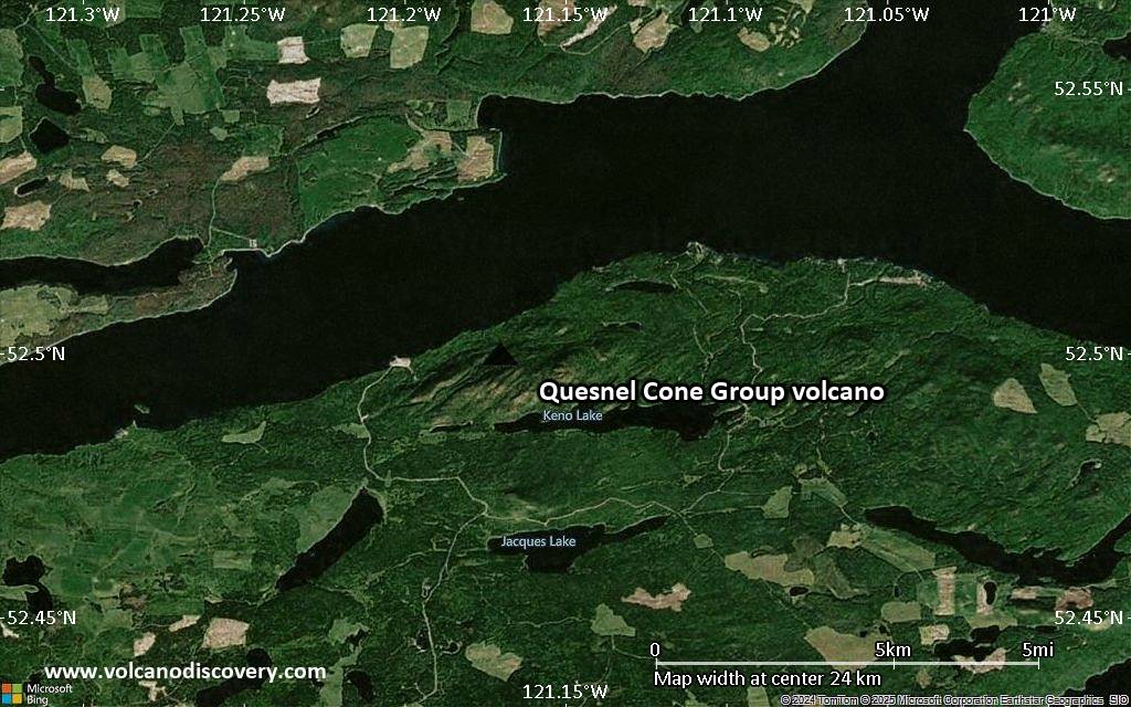 Satellite/aerial-type map of Quesnel Cone Group volcano (scale of 20-40 km)