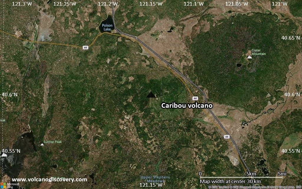 Satellite/aerial-type map of Caribou volcano (scale of 20-40 km)