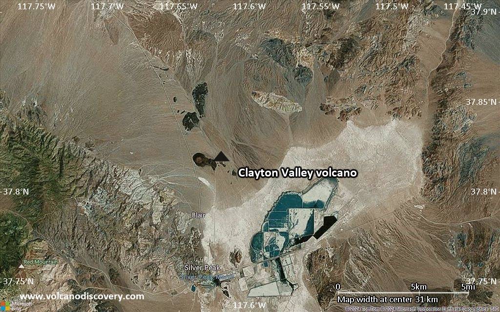 Satellite/aerial-type map of Clayton Valley volcano (scale of 20-40 km)
