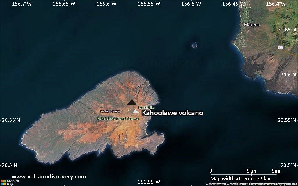 Satellite/aerial-type map of Kahoolawe volcano (scale of 20-40 km)
