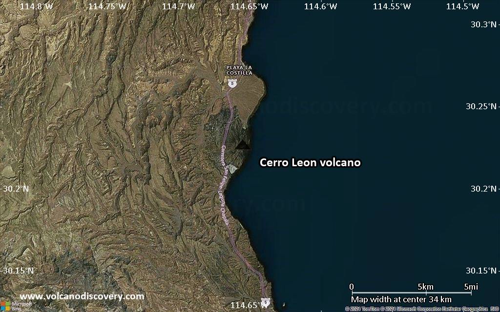 Satellite/aerial-type map of Cerro Leon volcano (scale of 20-40 km)
