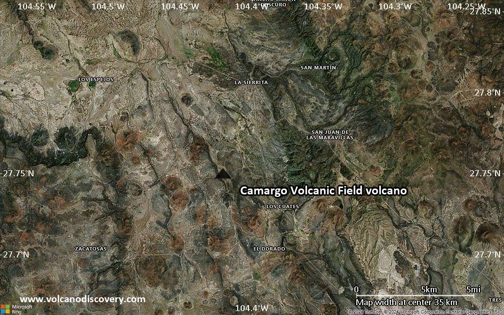 Satellite/aerial-type map of Camargo Volcanic Field volcano (scale of 20-40 km)