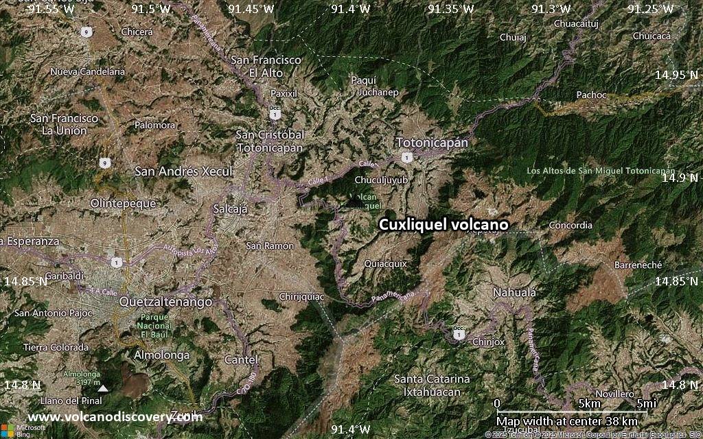 Satellite/aerial-type map of Cuxliquel volcano (scale of 20-40 km)