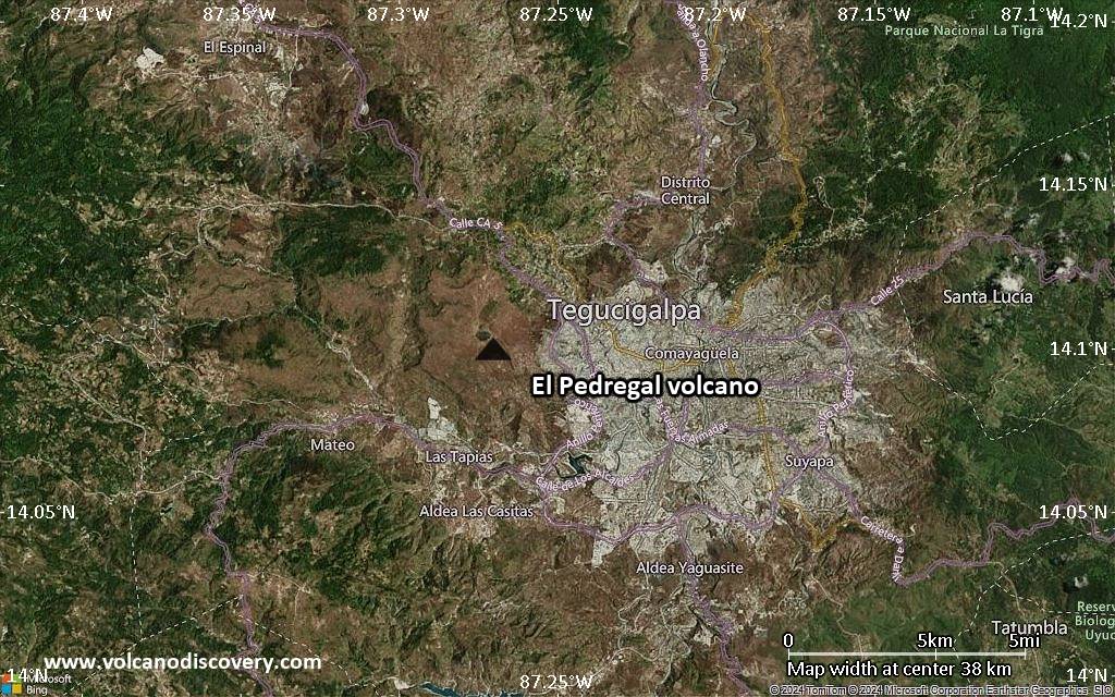 Satellite/aerial-type map of El Pedregal volcano (scale of 20-40 km)