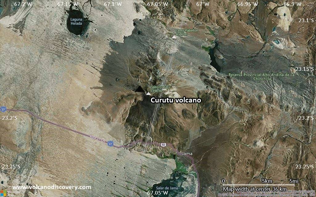 Satellite/aerial-type map of Curutu volcano (scale of 20-40 km)