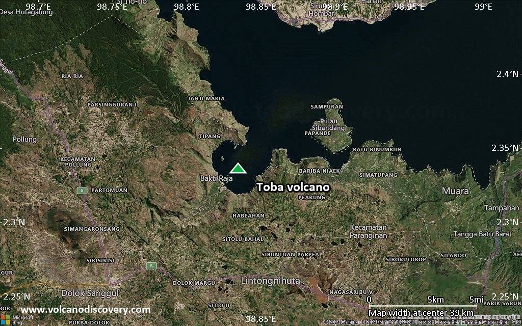 Satellite/aerial-type map of Toba volcano (scale of 20-40 km)