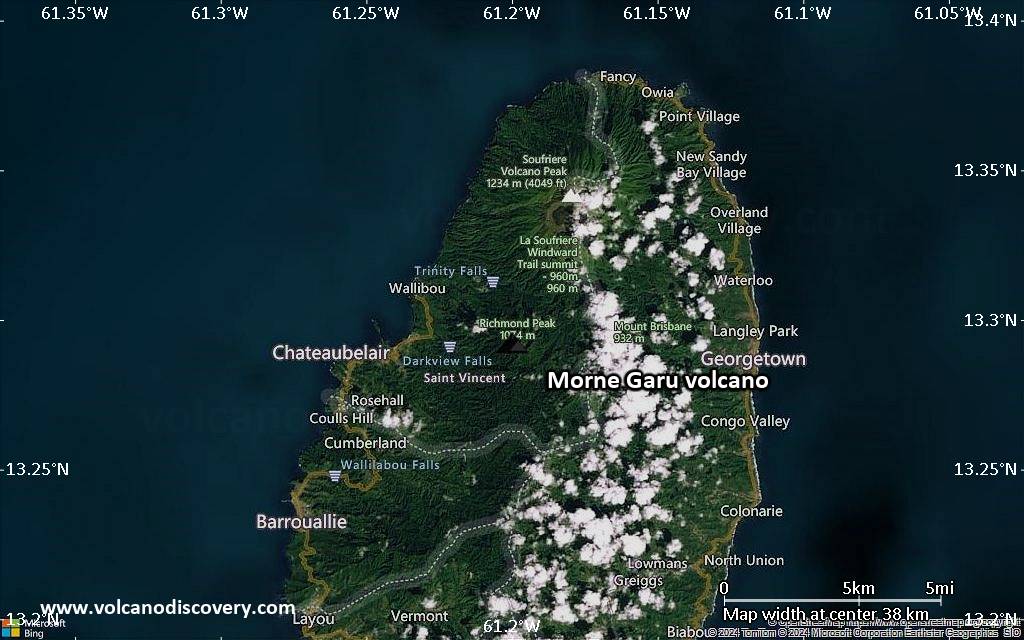 Satellite/aerial-type map of Morne Garu volcano (scale of 20-40 km)