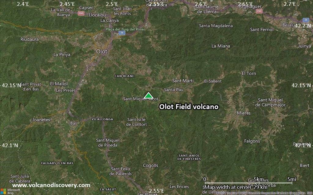 Satellite/aerial-type map of Olot Field volcano (scale of 20-40 km)