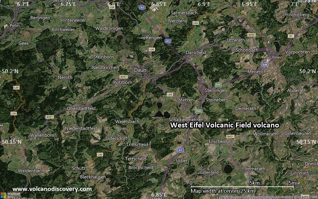 Satellite/aerial-type map of West Eifel Volcanic Field volcano (scale of 20-40 km)