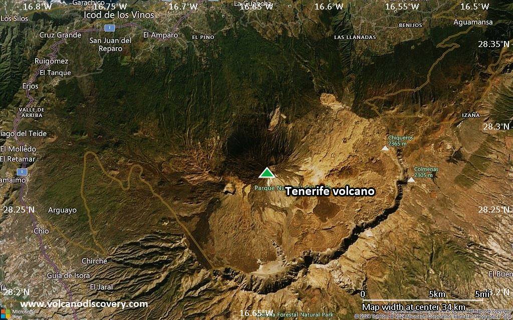 Satellite/aerial-type map of Tenerife volcano (scale of 20-40 km)