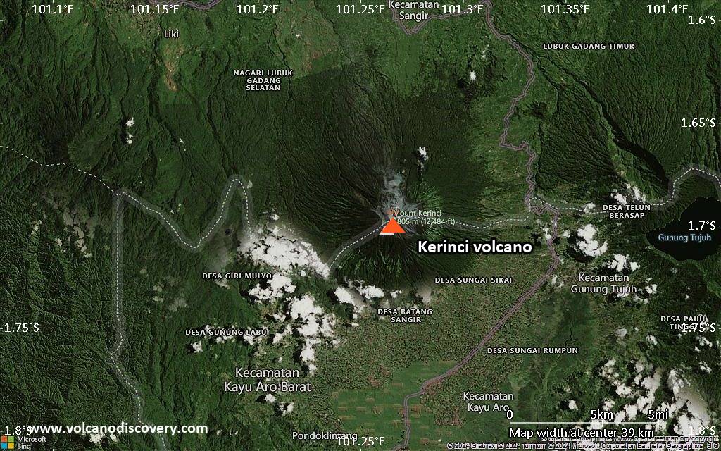 Satellite/aerial-type map of Kerinci volcano (scale of 20-40 km)