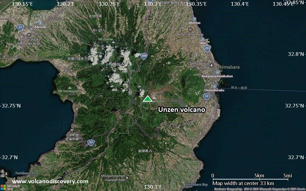 Satellite/aerial-type map of Unzen volcano (scale of 20-40 km)