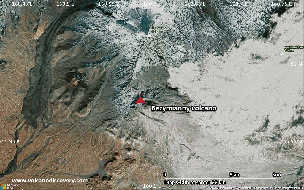 Satellite/aerial-type map of Bezymianny volcano (scale of 20-40 km)