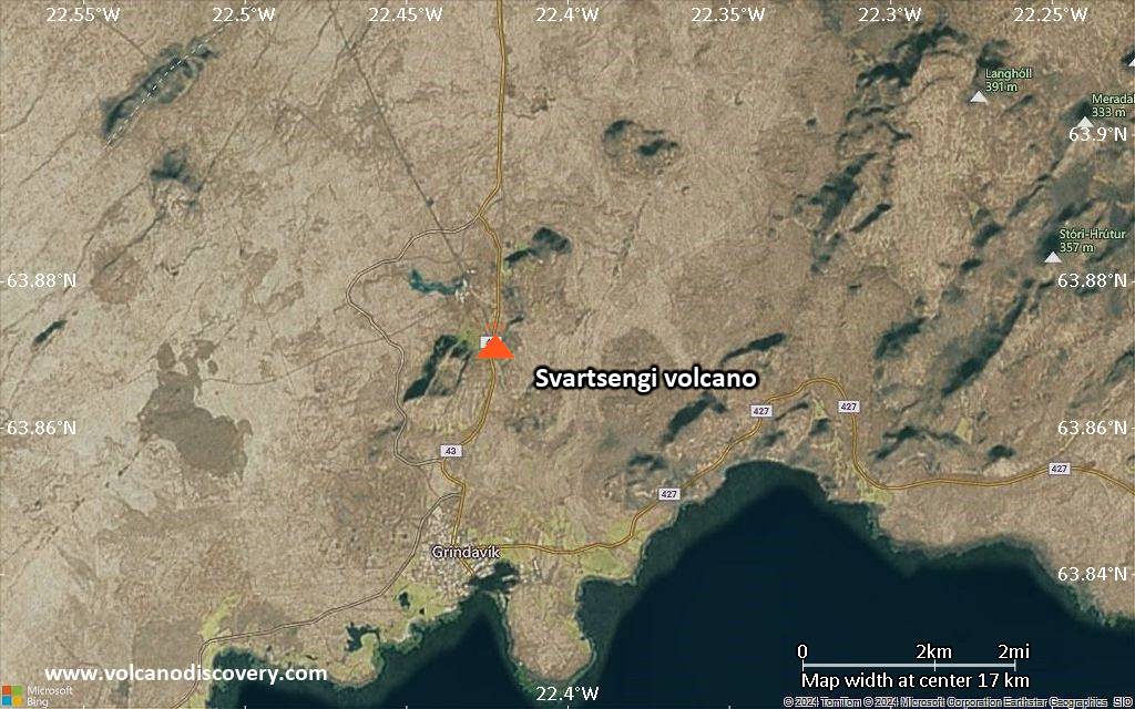 Satellite/aerial-type map of Svartsengi volcano (scale of 20-40 km)