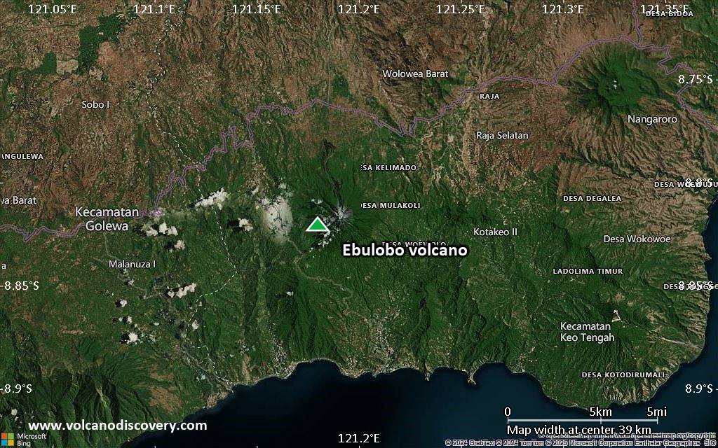 Satellite/aerial-type map of Ebulobo volcano (scale of 20-40 km)