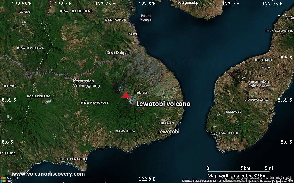Satellite/aerial-type map of Lewotobi volcano (scale of 20-40 km)