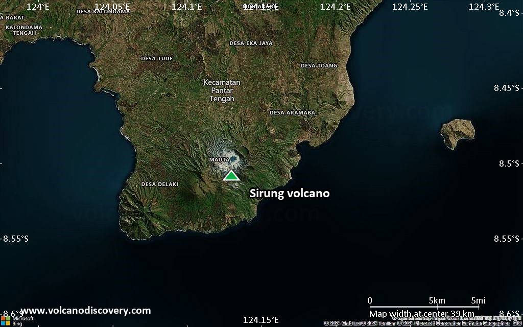 Satellite/aerial-type map of Sirung volcano (scale of 20-40 km)
