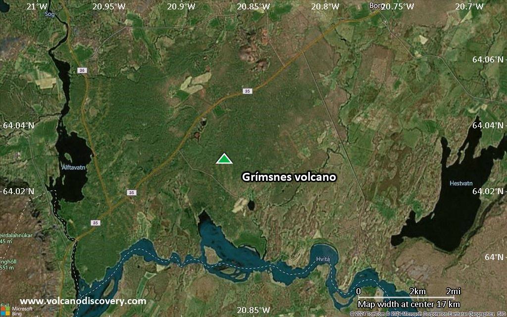 Satellite/aerial-type map of Grímsnes volcano (scale of 20-40 km)