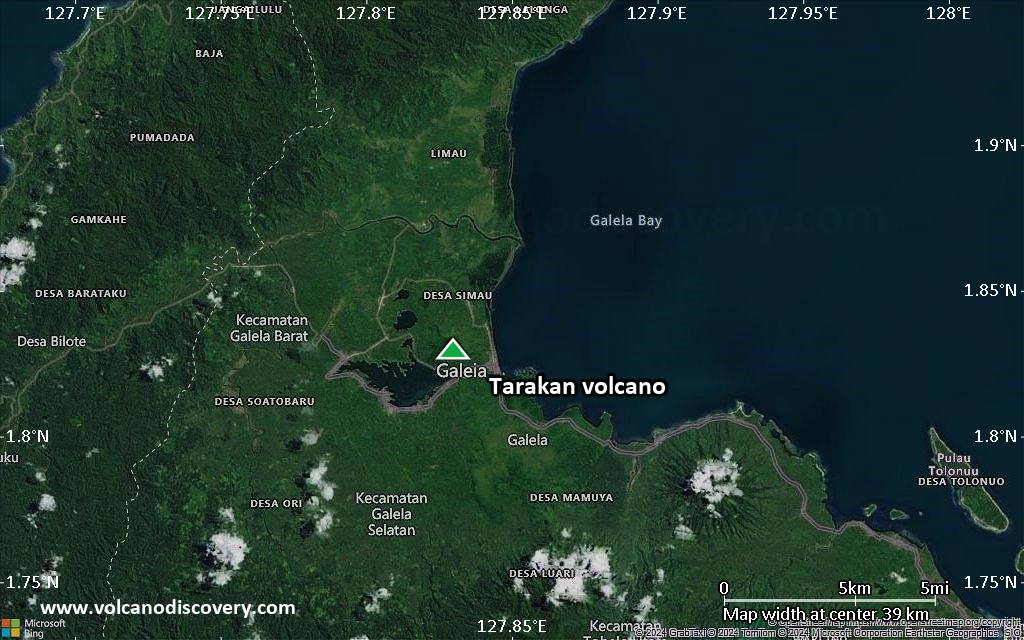 Satellite/aerial-type map of Tarakan volcano (scale of 20-40 km)