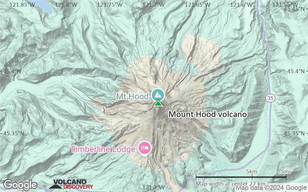 Terrain-type map of Mount Hood volcano (scale of 20-40 km)